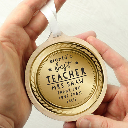 Personalised WorldÂ’s Best Teacher Round Wooden Medal - MK&JD Gifts
