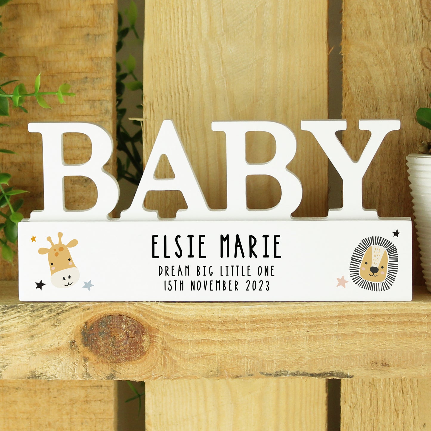Personalised Scandi Safari Animals Wooden Baby Ornament - MK&JD Gifts