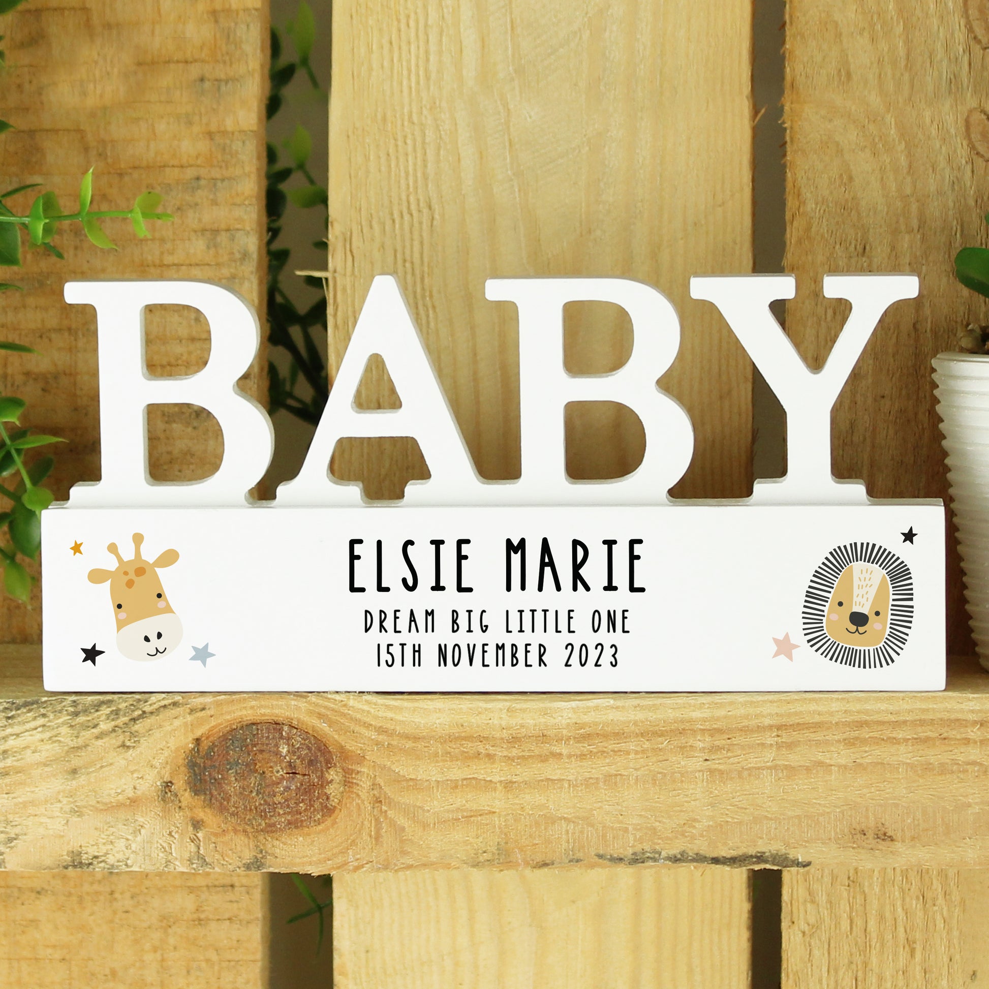 Personalised Scandi Safari Animals Wooden Baby Ornament - MK&JD Gifts