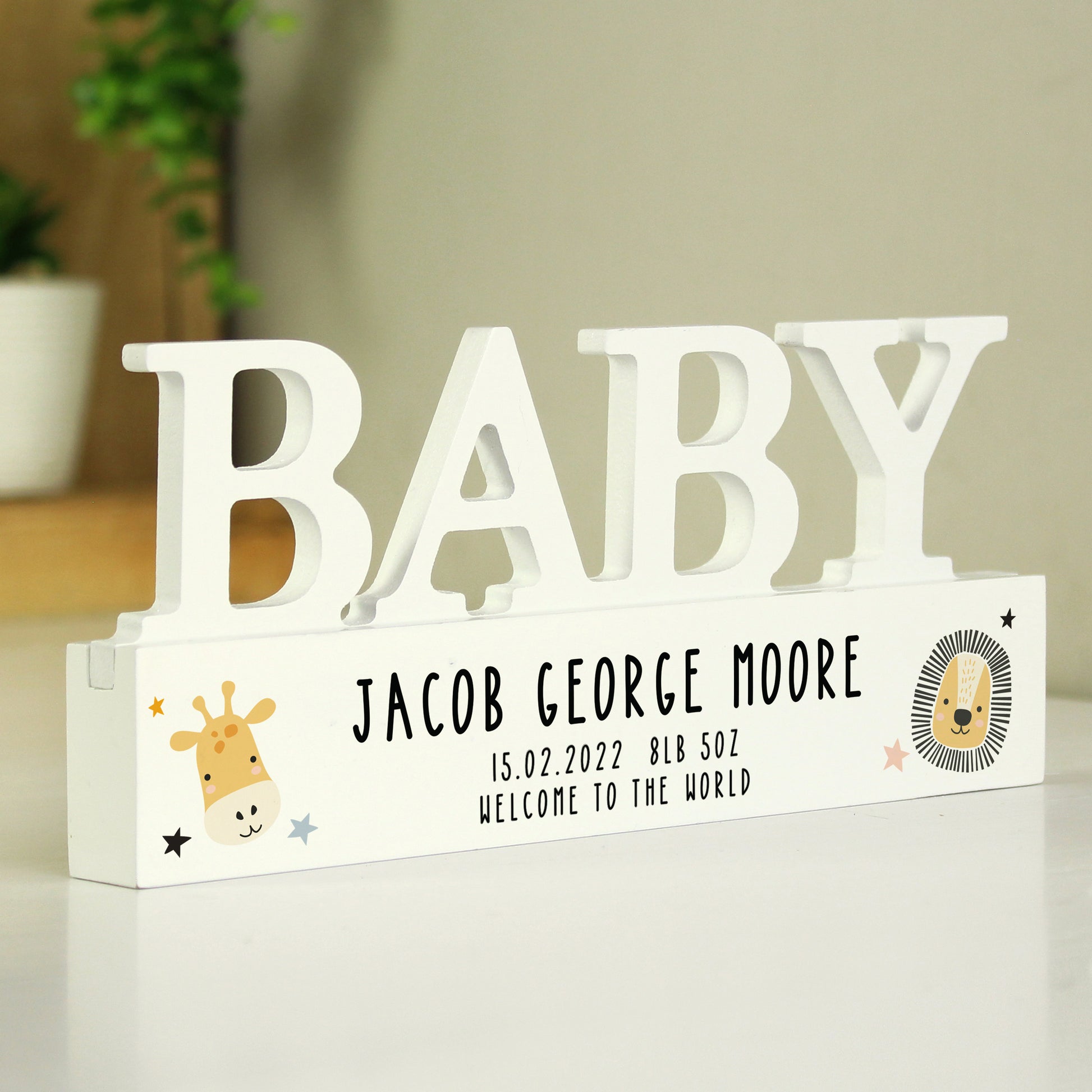 Personalised Scandi Safari Animals Wooden Baby Ornament - MK&JD Gifts