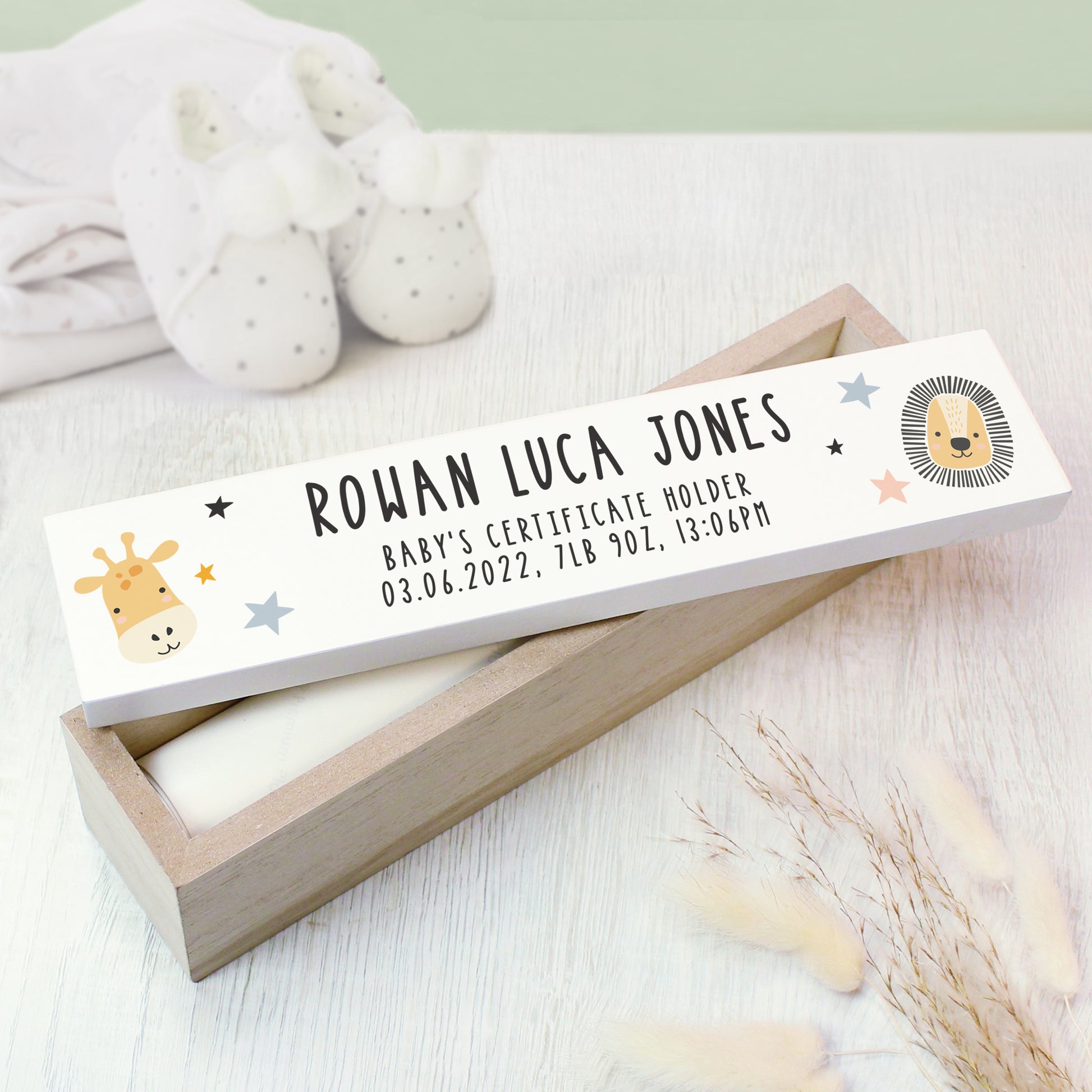 Personalised Scandi Safari Animals Wooden Birth Certificate Holder - MK&JD Gifts