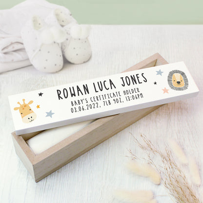 Personalised Scandi Safari Animals Wooden Birth Certificate Holder - MK&JD Gifts