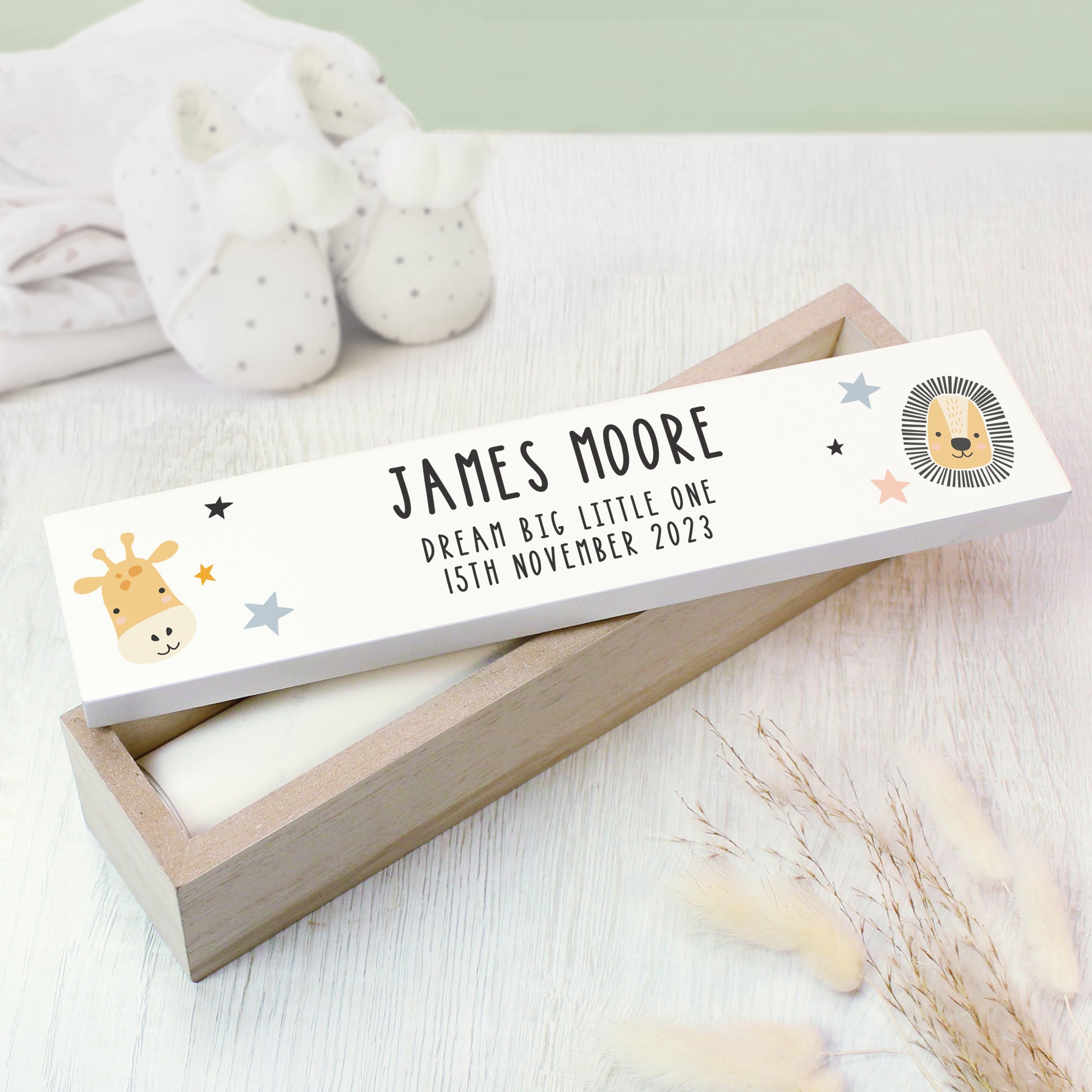 Personalised Scandi Safari Animals Wooden Birth Certificate Holder - MK&JD Gifts
