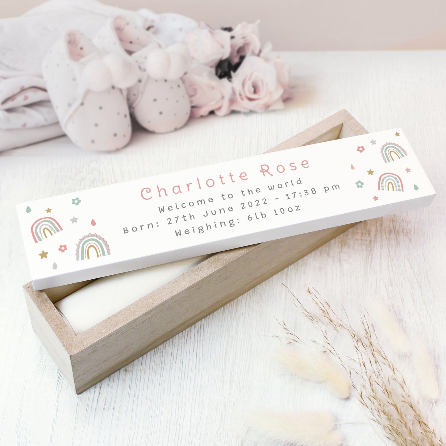 Personalised Rainbow Wooden Birth Certificate Holder - MK&JD Gifts