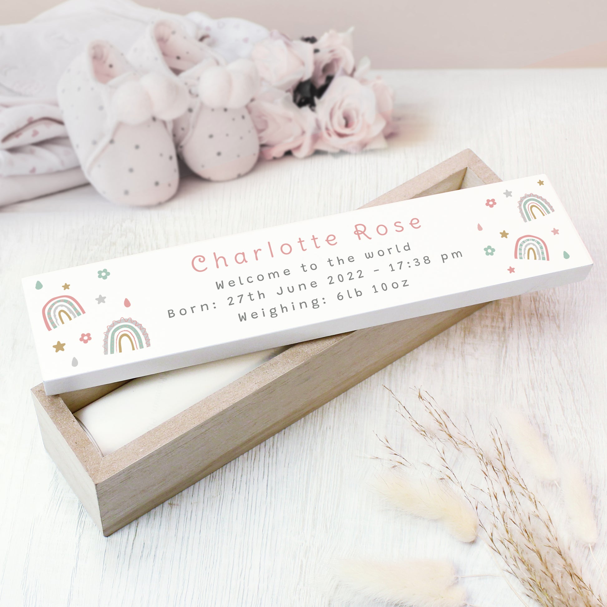 Personalised Rainbow Wooden Birth Certificate Holder - MK&JD Gifts