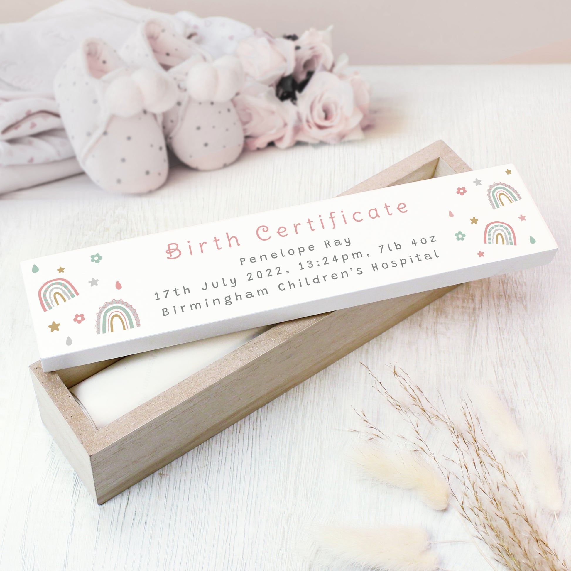 Personalised Rainbow Wooden Birth Certificate Holder - MK&JD Gifts