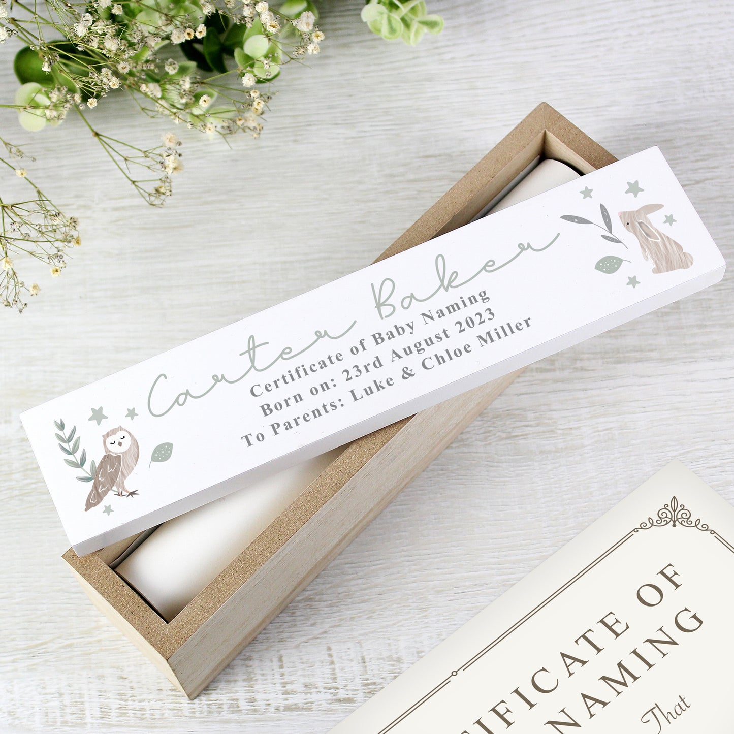 Personalised Woodland Animals Wooden Birth Certificate Holder - MK&JD Gifts