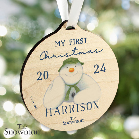 Personalised The Snowman My First Christmas Round Wooden Decoration