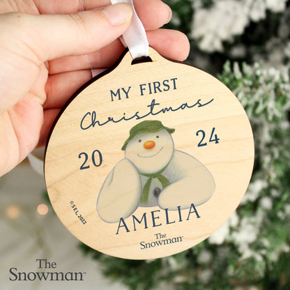 Personalised The Snowman My First Christmas Round Wooden Decoration - MK&JD Gifts