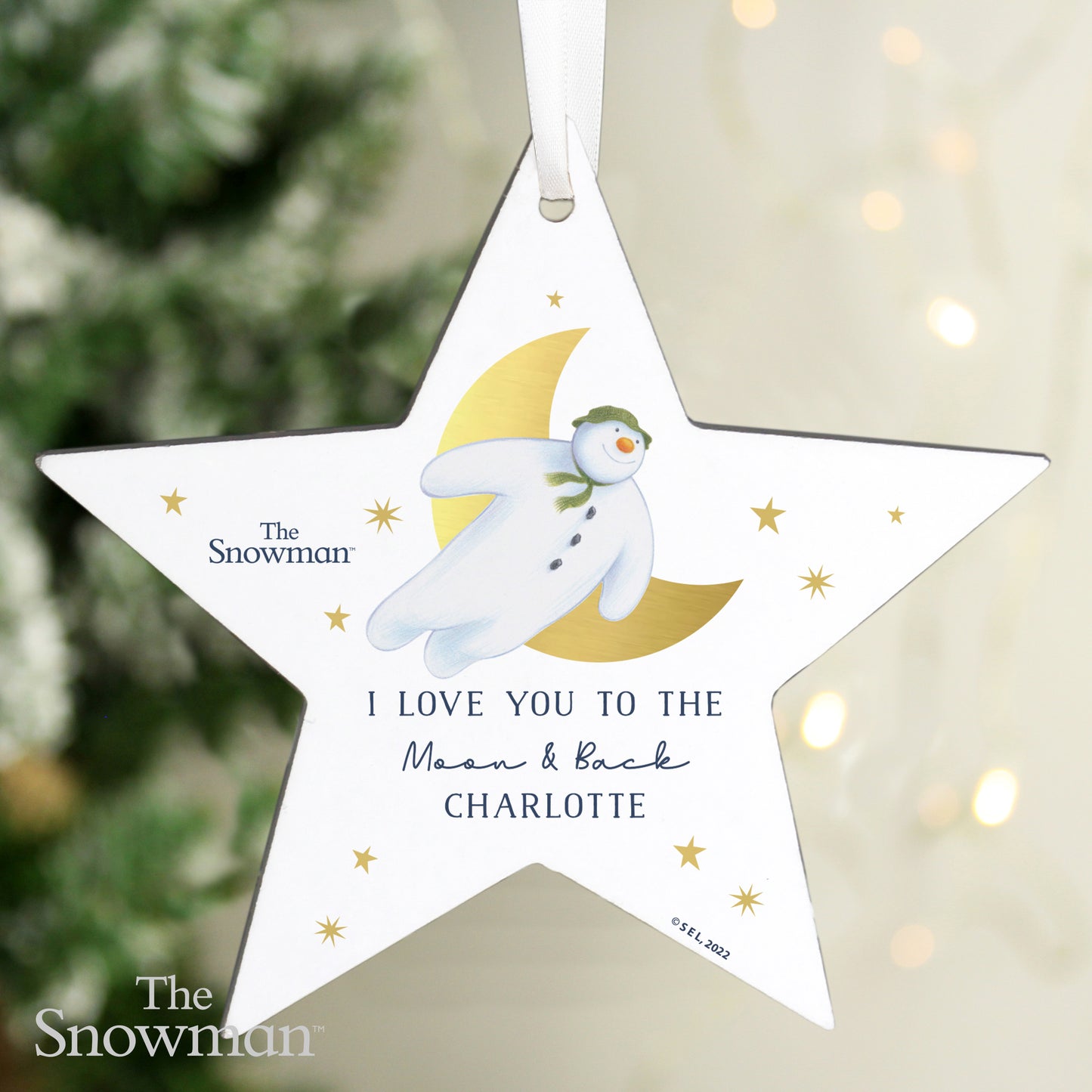 Personalised The Snowman Gold Moon Wooden Star Decoration - MK&JD Gifts