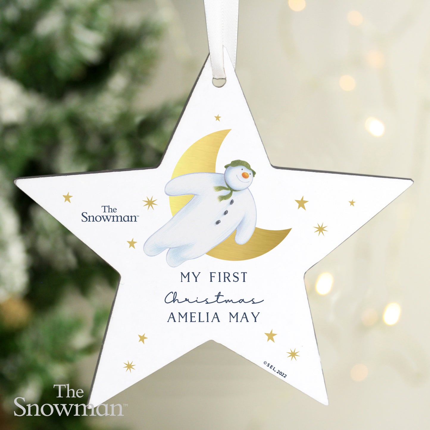 Personalised The Snowman Gold Moon Wooden Star Decoration - MK&JD Gifts