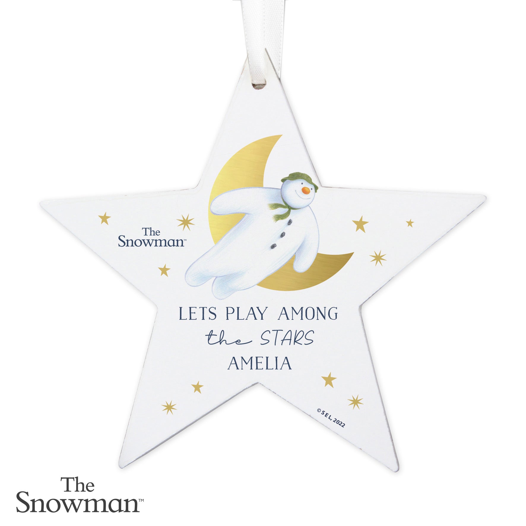 Personalised The Snowman Gold Moon Wooden Star Decoration - MK&JD Gifts