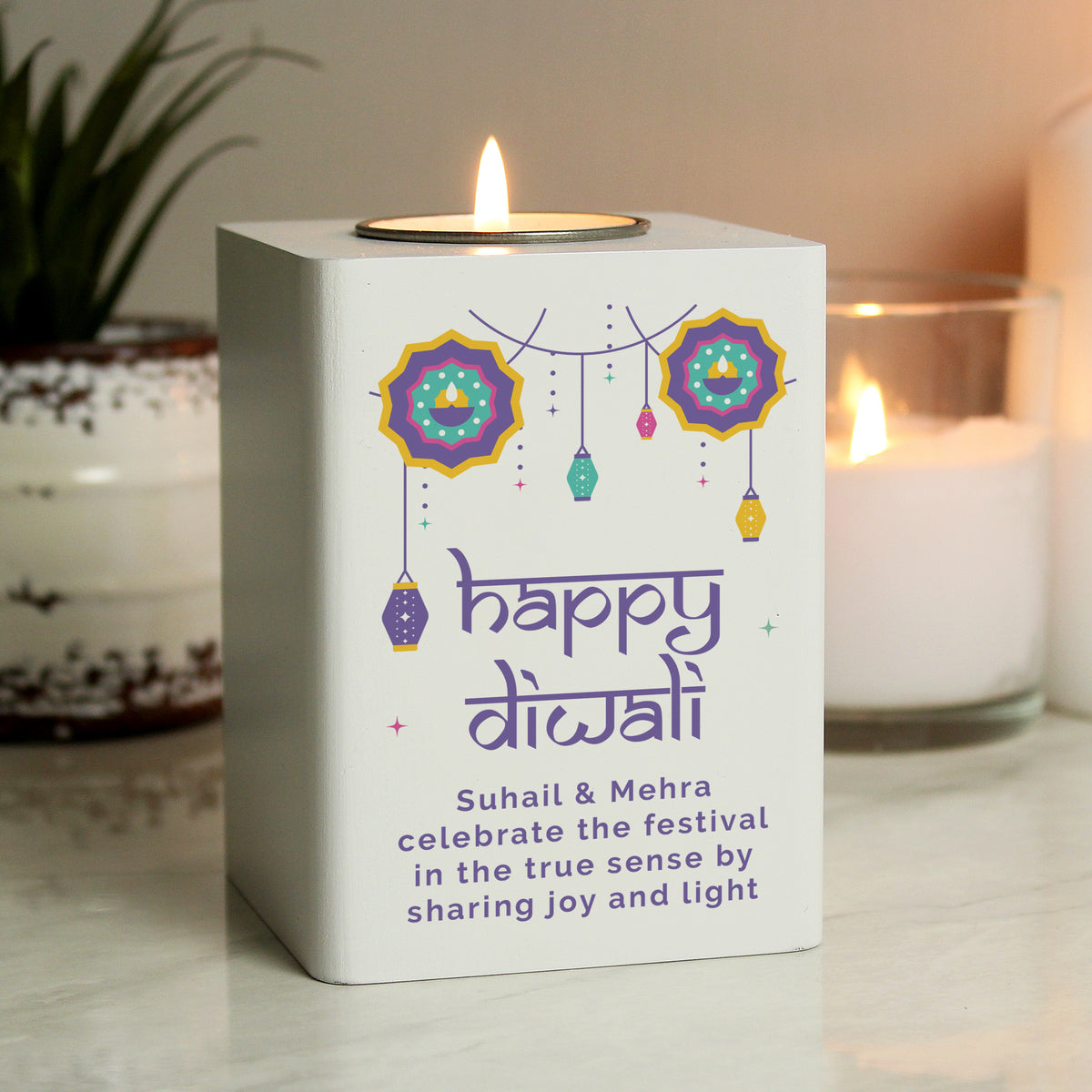 Personalised Diwali Wooden Tealight Holder - MK&JD Gifts
