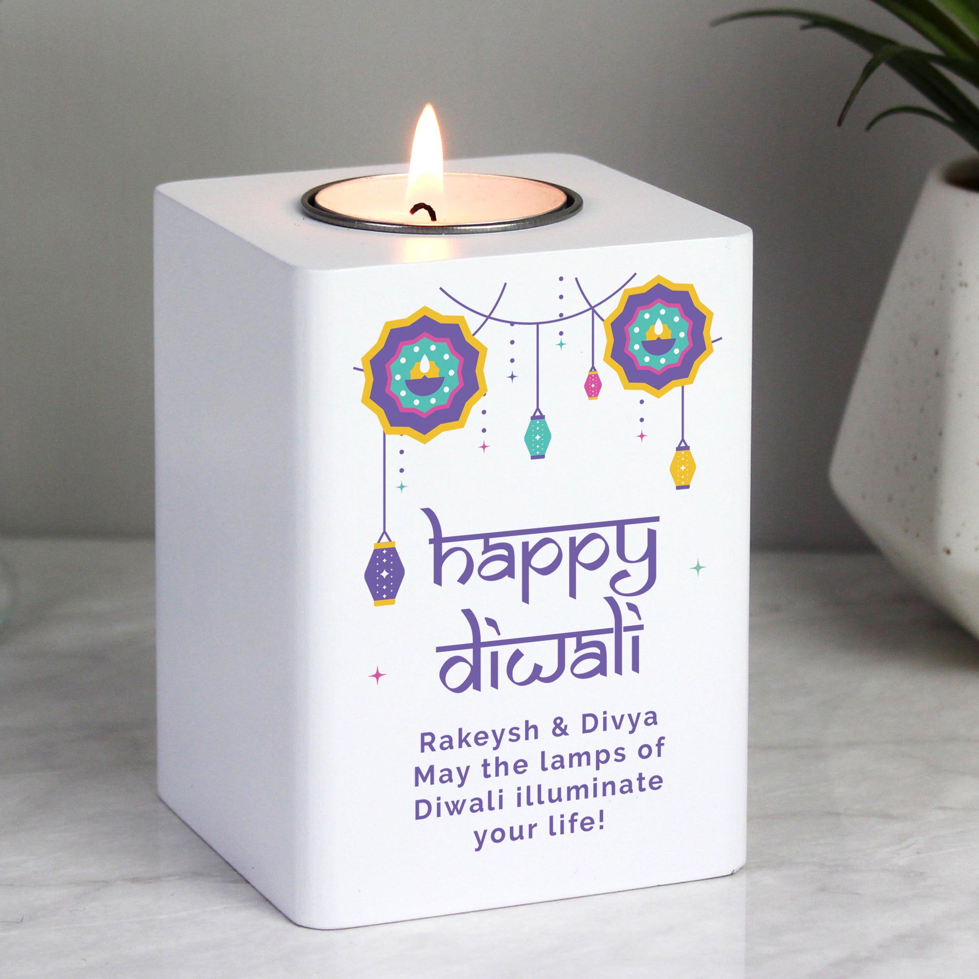 Personalised Diwali Wooden Tealight Holder - MK&JD Gifts