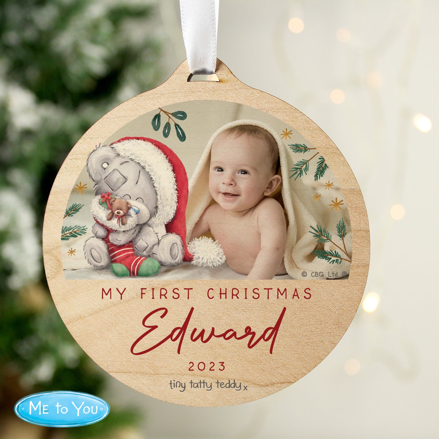 Personalised First Christmas Tiny Tatty Teddy Photo Upload Round Wooden Decoration - MK&JD Gifts