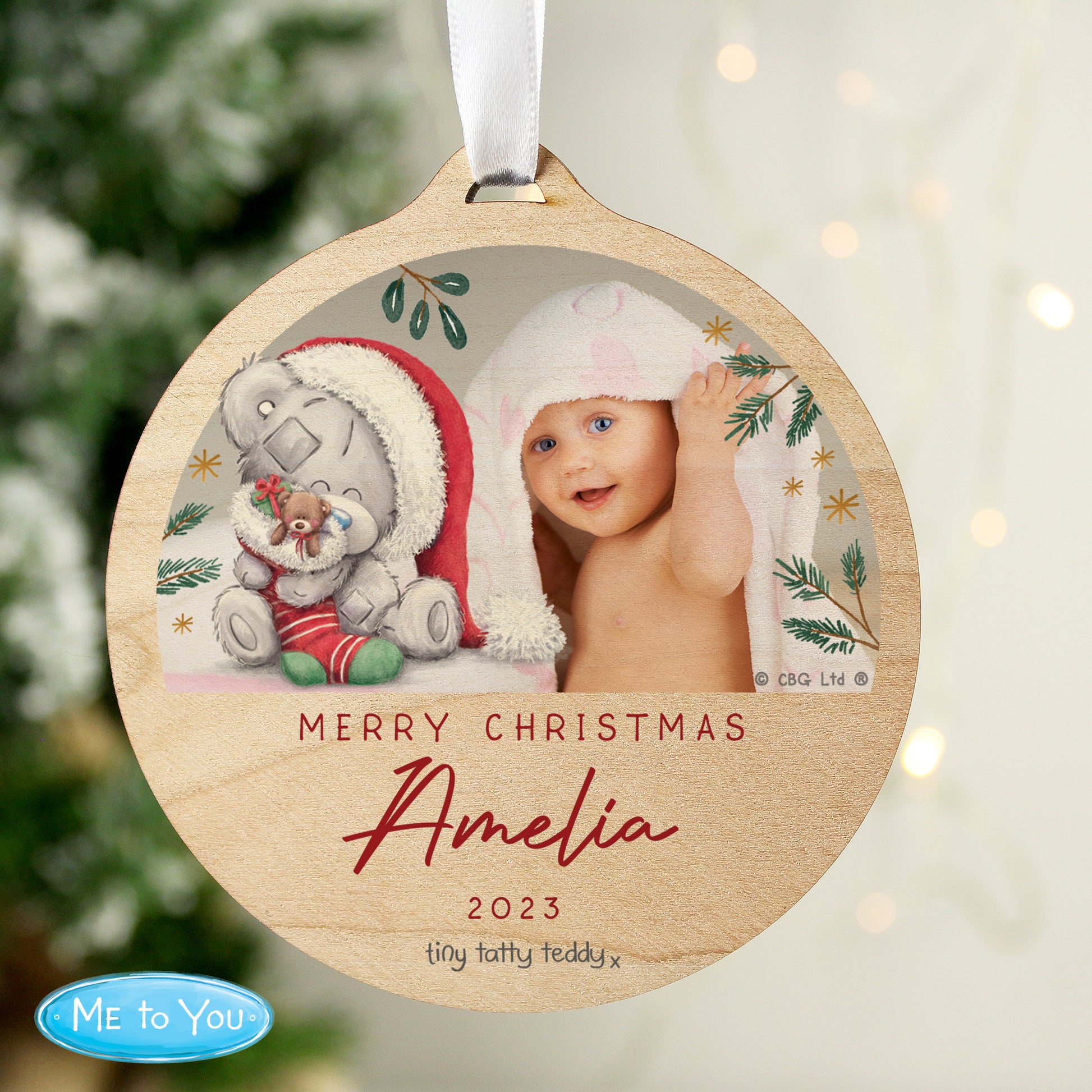 Personalised First Christmas Tiny Tatty Teddy Photo Upload Round Wooden Decoration - MK&JD Gifts
