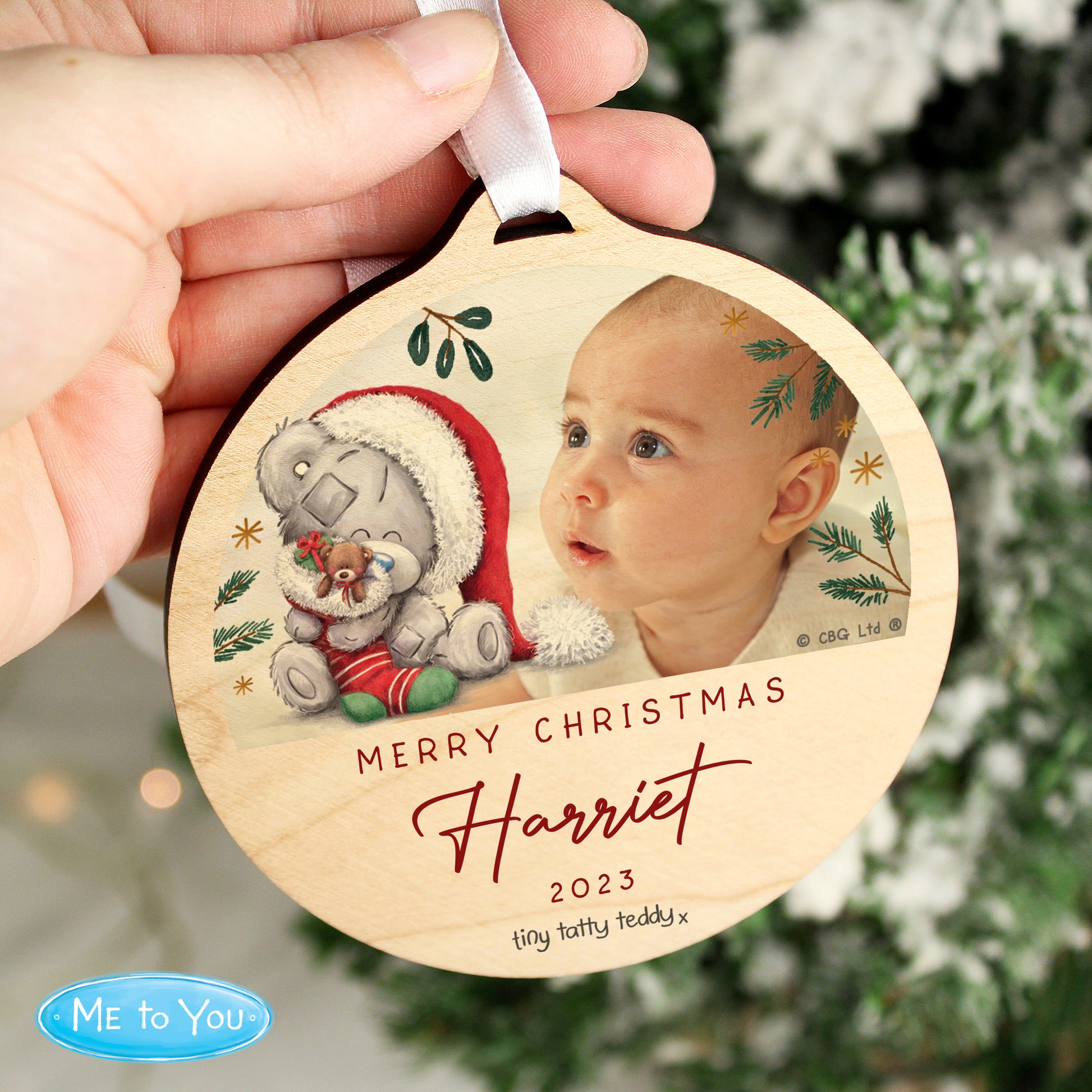 Personalised First Christmas Tiny Tatty Teddy Photo Upload Round Wooden Decoration - MK&JD Gifts
