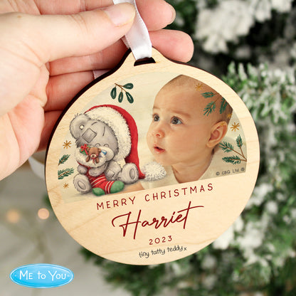 Personalised First Christmas Tiny Tatty Teddy Photo Upload Round Wooden Decoration - MK&JD Gifts