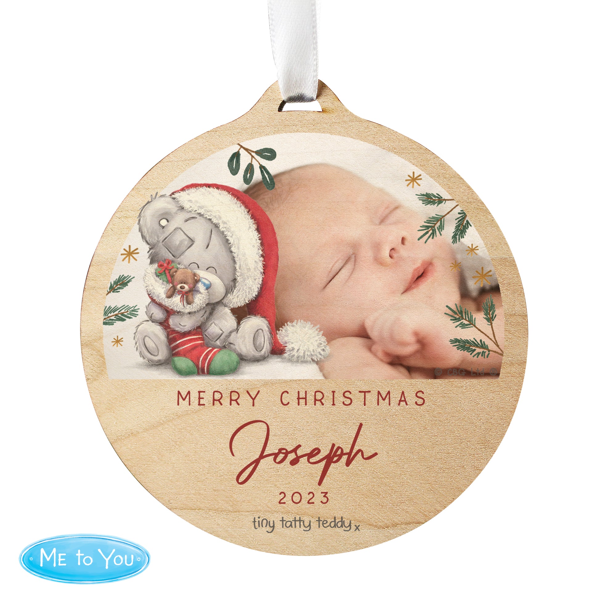 Personalised First Christmas Tiny Tatty Teddy Photo Upload Round Wooden Decoration - MK&JD Gifts