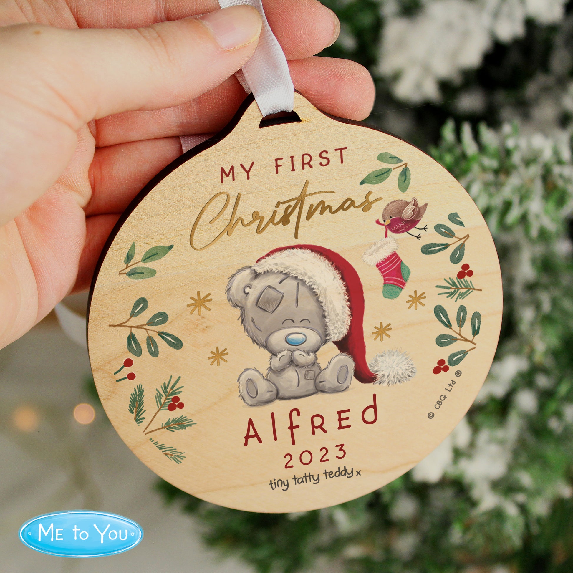 Personalised First Christmas Tiny Tatty Teddy Round Wooden Decoration - MK&JD Gifts