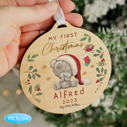 Personalised First Christmas Tiny Tatty Teddy Round Wooden Decoration - MK&JD Gifts
