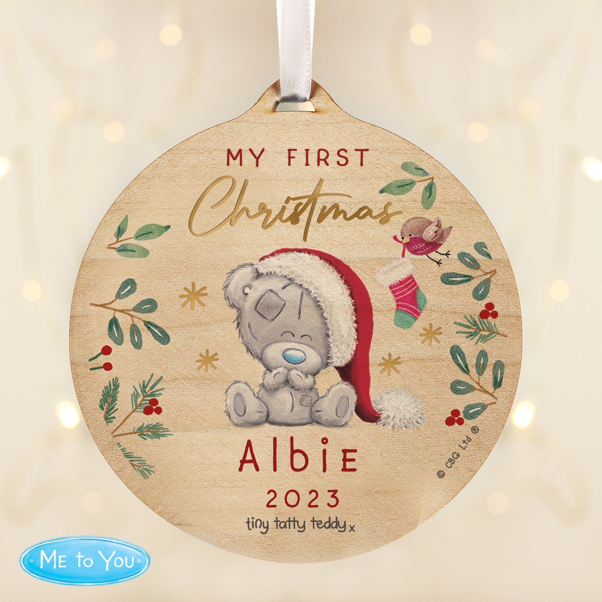 Personalised First Christmas Tiny Tatty Teddy Round Wooden Decoration - MK&JD Gifts