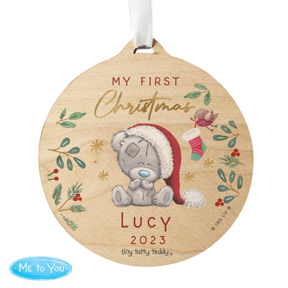 Personalised First Christmas Tiny Tatty Teddy Round Wooden Decoration - MK&JD Gifts