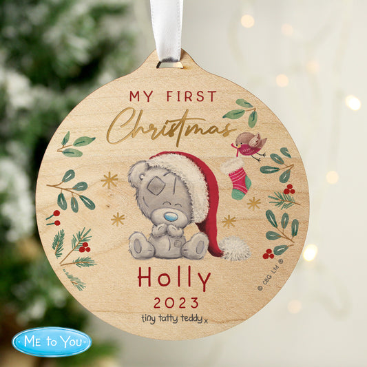 Personalised First Christmas Tiny Tatty Teddy Round Wooden Decoration - MK&JD Gifts