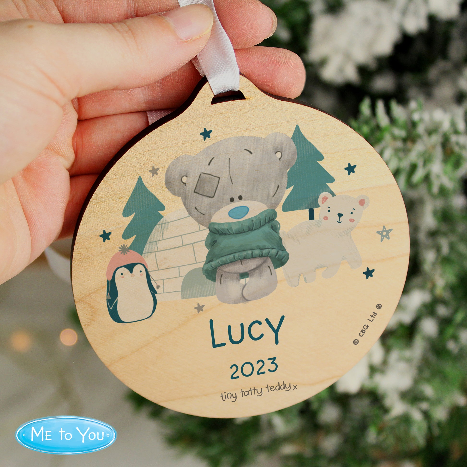 Personalised Winter Explorer Tiny Tatty Teddy Round Wooden Decoration - MK&JD Gifts