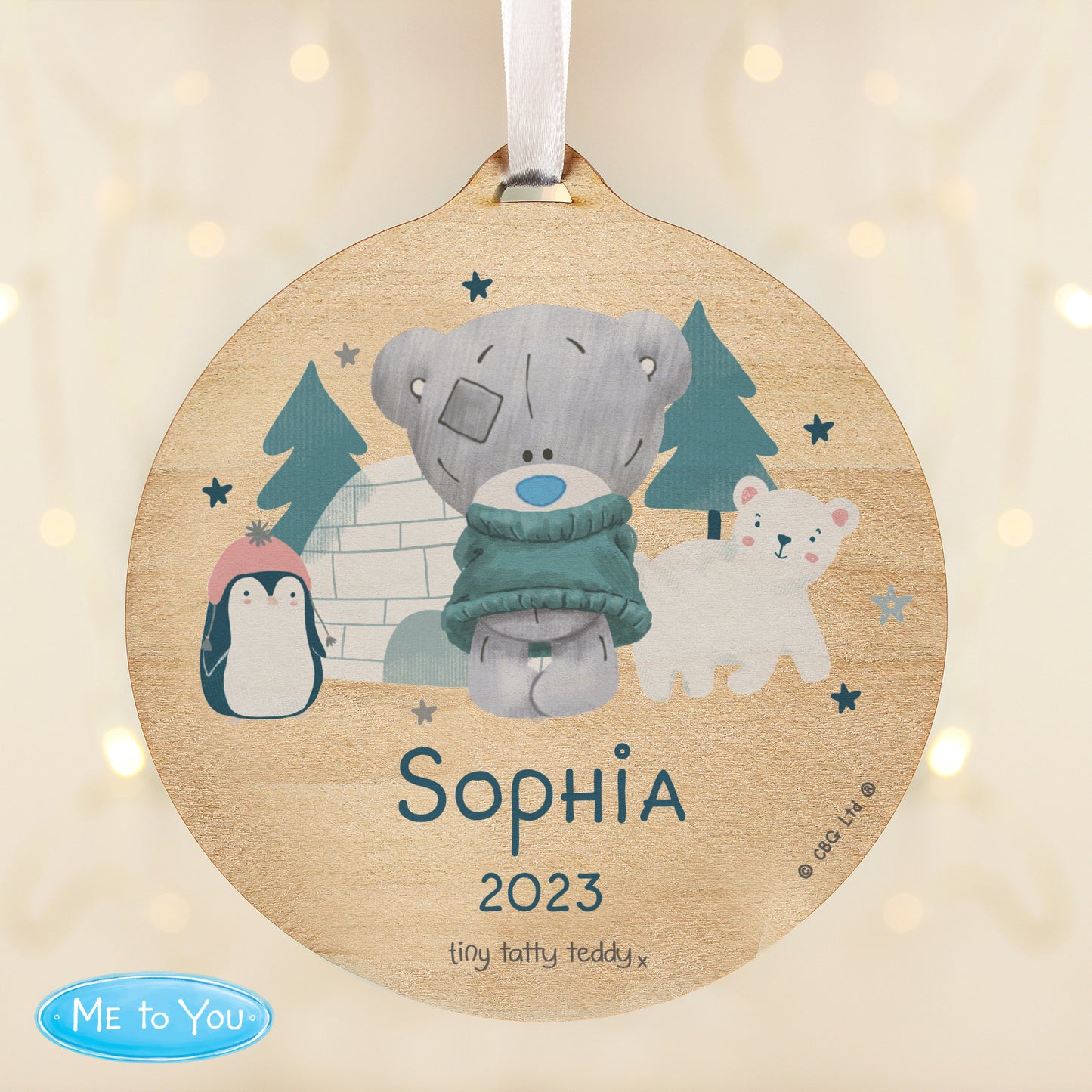 Personalised Winter Explorer Tiny Tatty Teddy Round Wooden Decoration - MK&JD Gifts