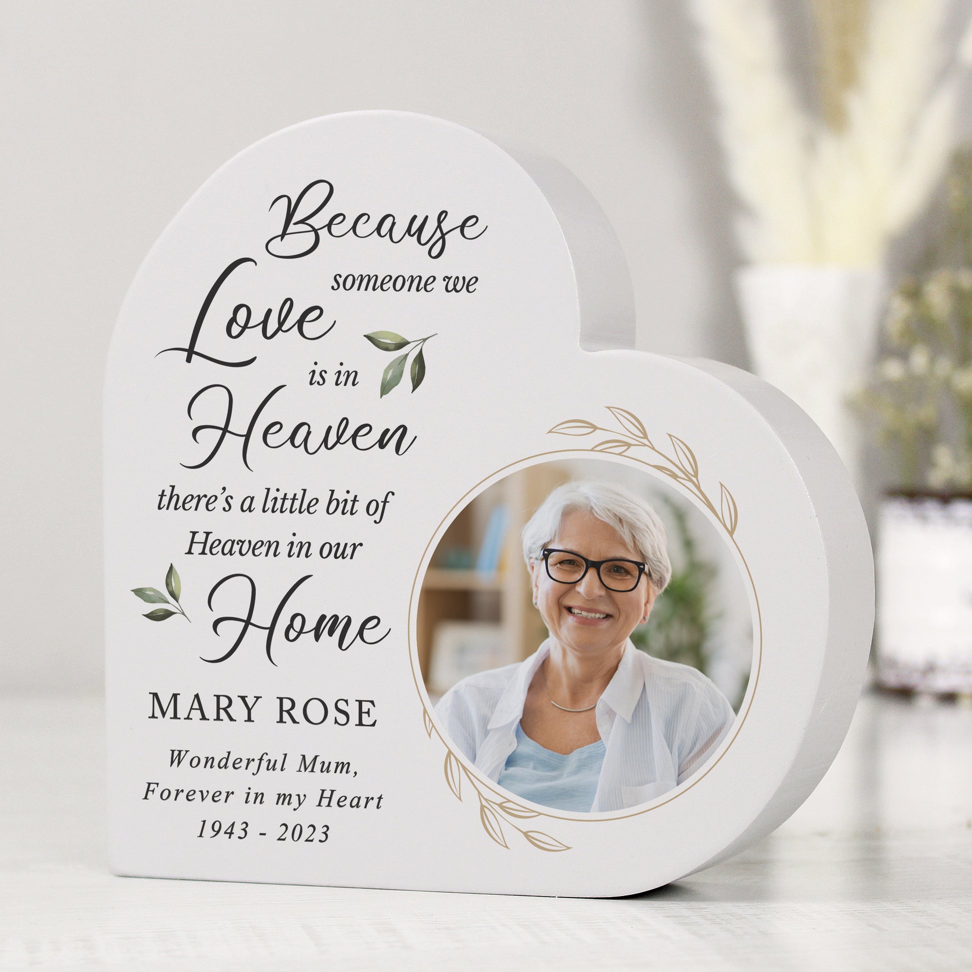 Personalised Botanical Memorial Photo Upload Free Standing Heart Ornament - MK&JD Gifts