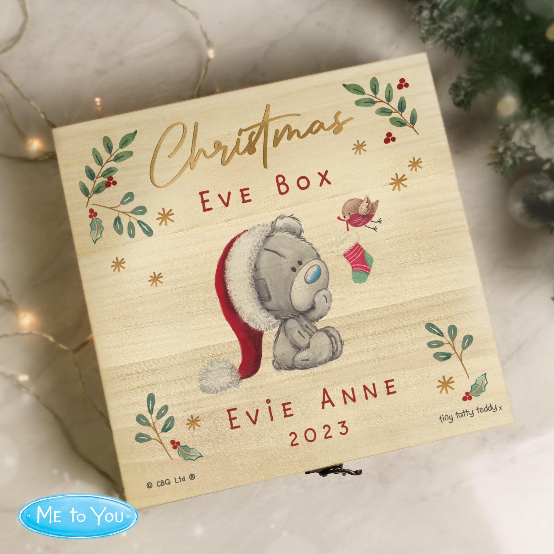 Personalised Winter Christmas Eve Tiny Tatty Teddy Large Wooden Keepsake Box - MK&JD Gifts