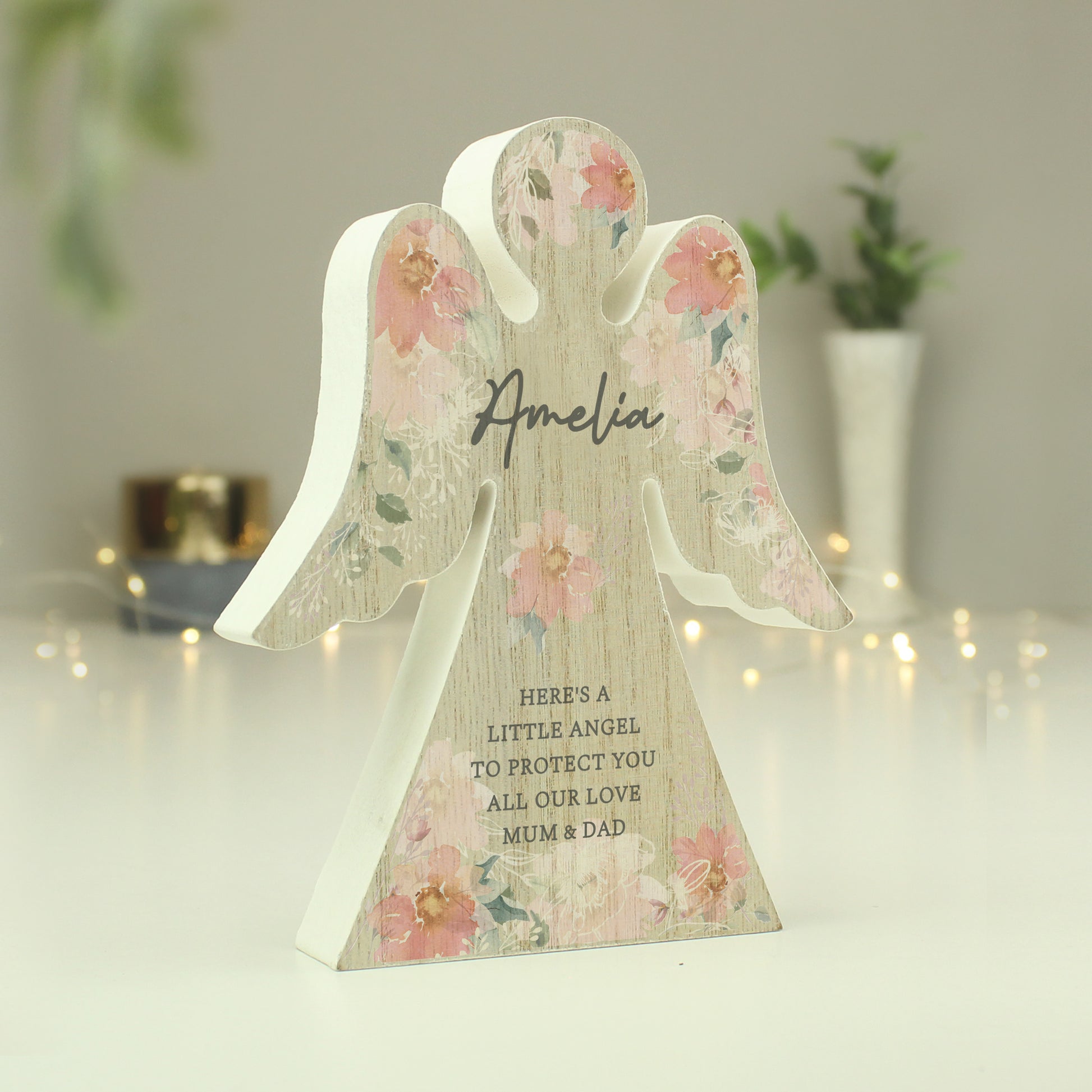 Personalised Floral Wooden Angel Ornament - MK&JD Gifts