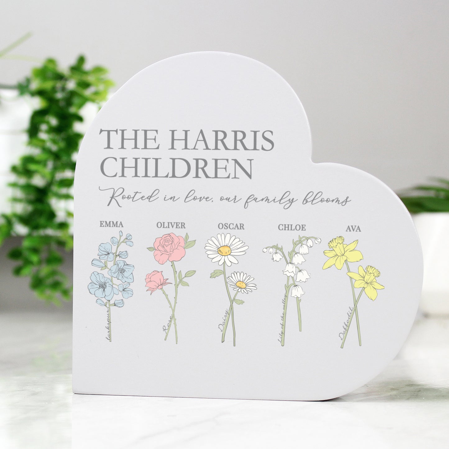 Personalised Flower of the Month Family Heart Ornament - MK&JD Gifts