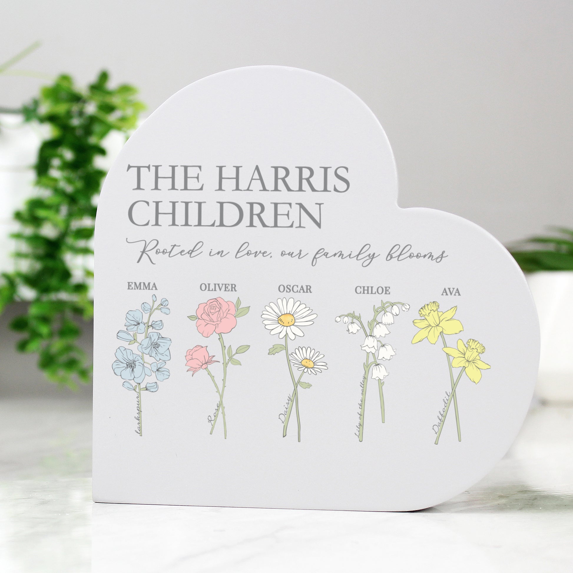 Personalised Flower of the Month Family Heart Ornament - MK&JD Gifts