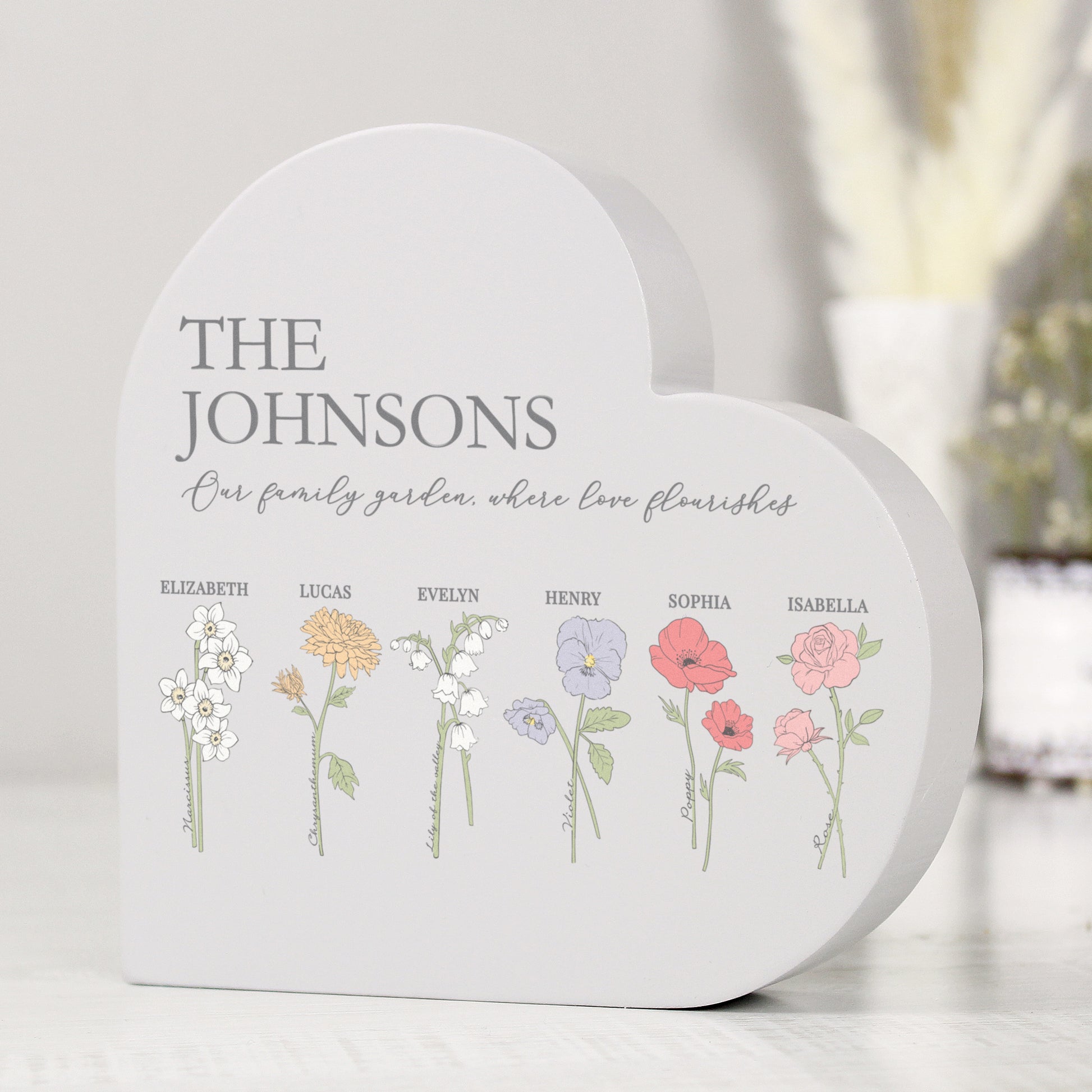 Personalised Flower of the Month Family Heart Ornament - MK&JD Gifts