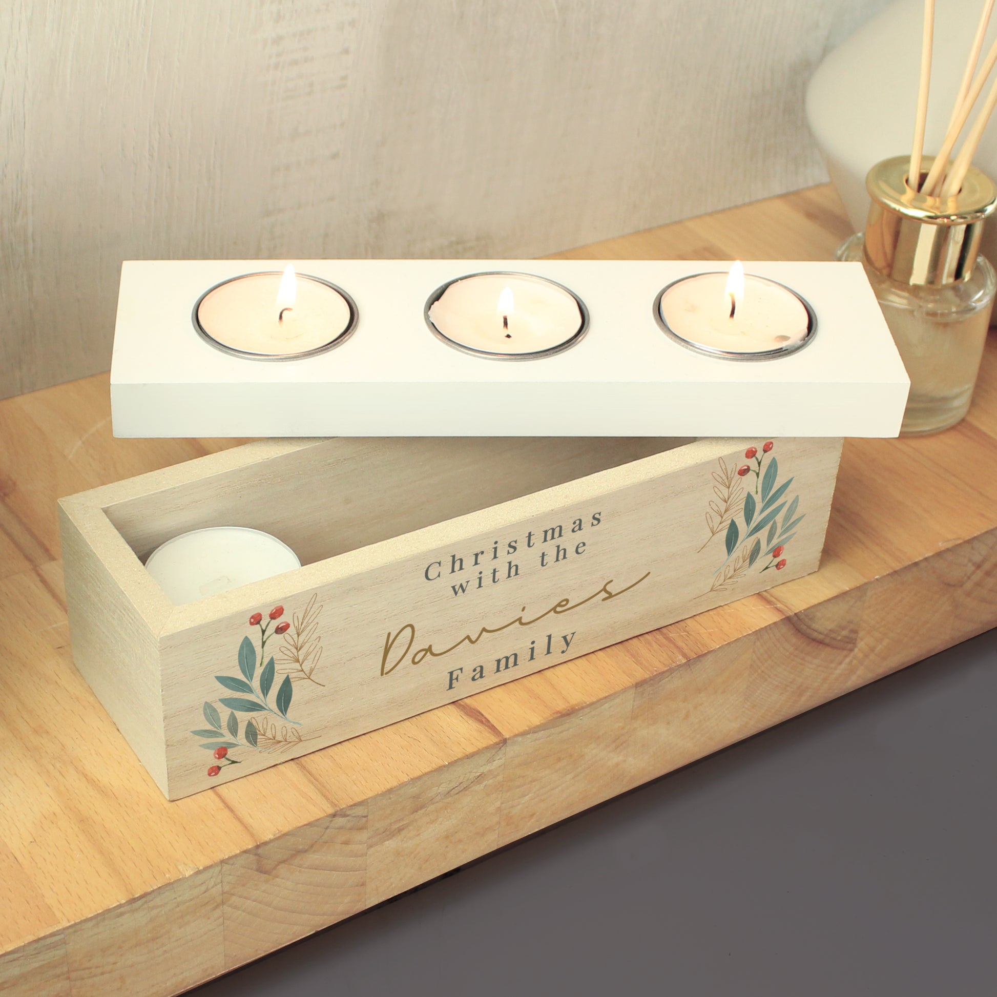 Personalised Christmas Foliage Triple Tea Light Box - MK&JD Gifts