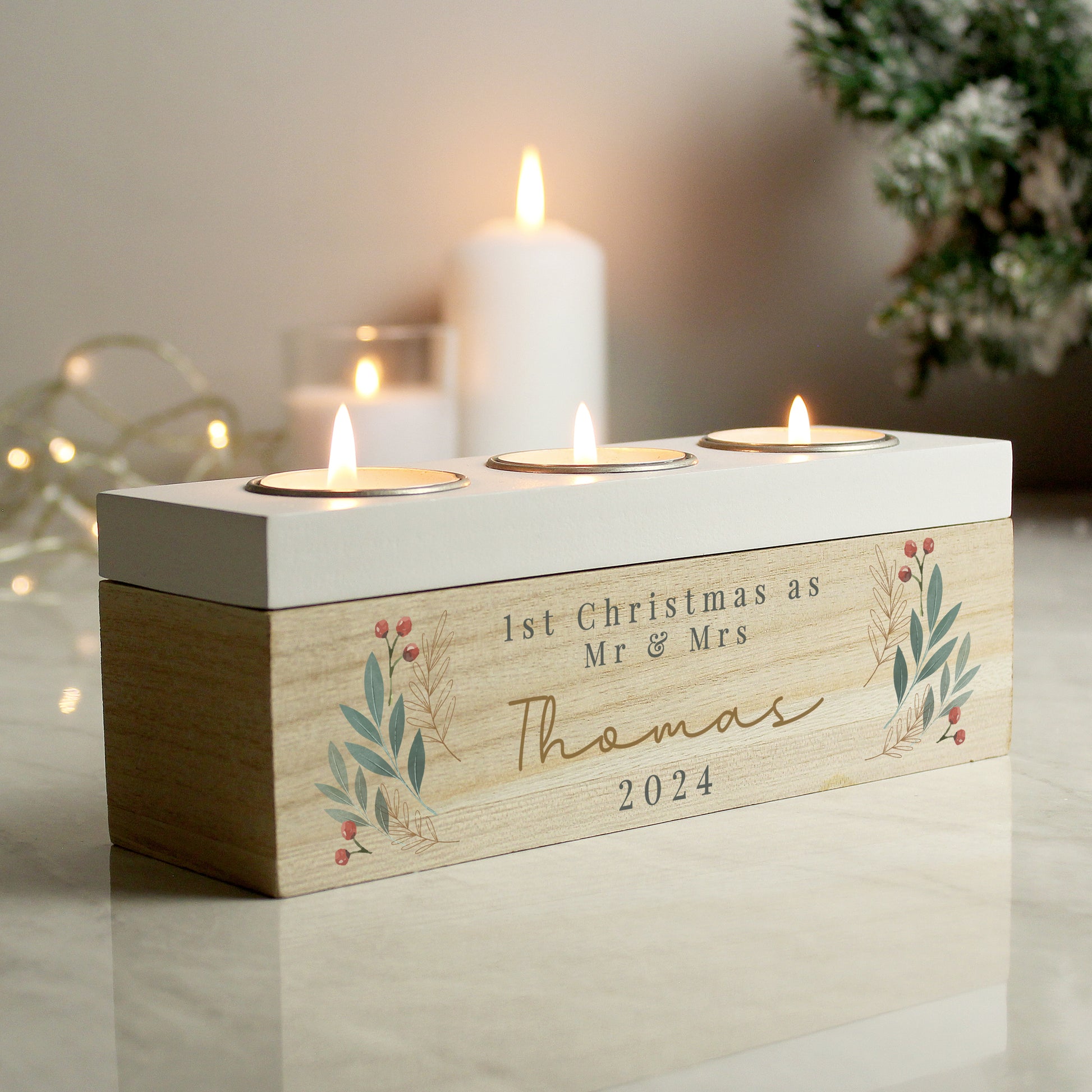 Personalised Christmas Foliage Triple Tea Light Box - MK&JD Gifts