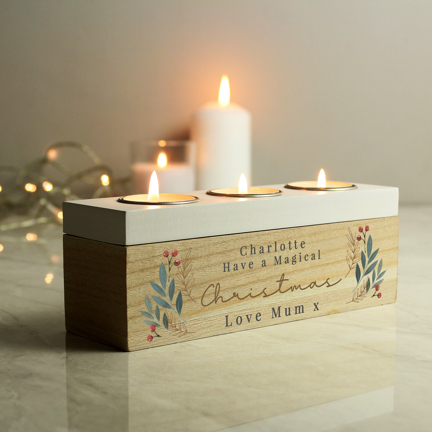 Personalised Christmas Foliage Triple Tea Light Box - MK&JD Gifts