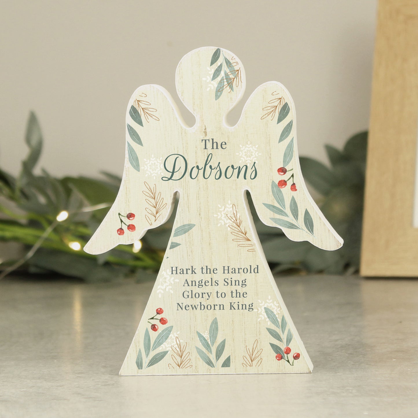 Personalised Christmas Foliage Wooden Angel Ornament