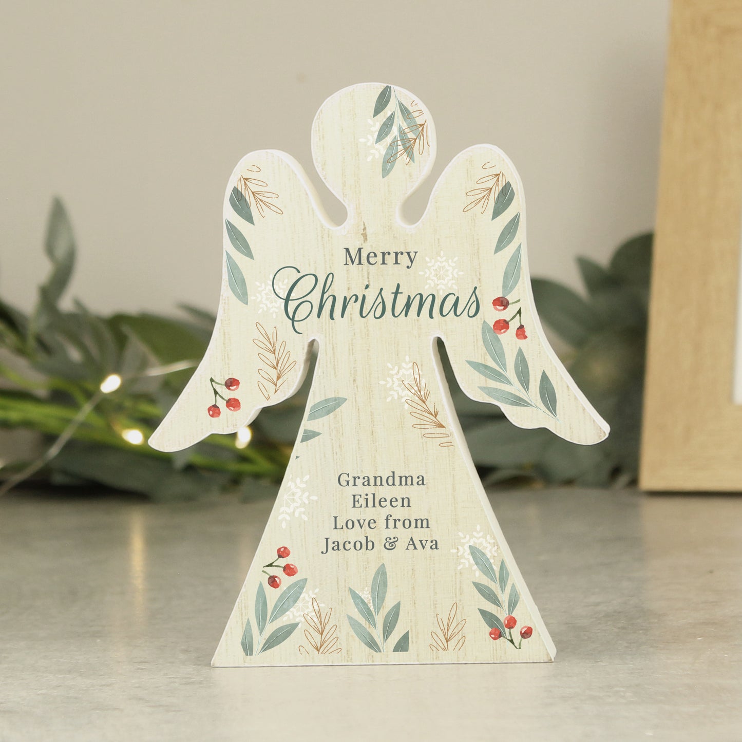 Personalised Christmas Foliage Wooden Angel Ornament - MK&JD Gifts