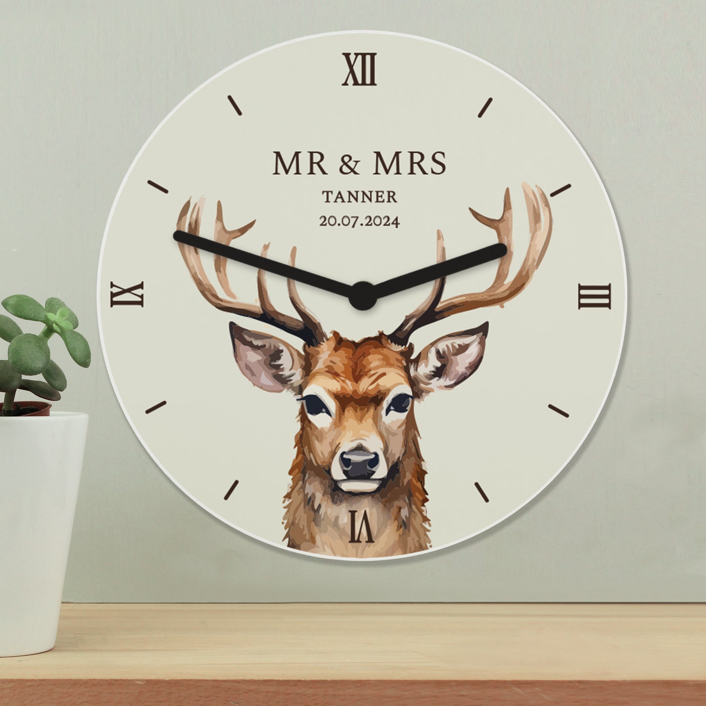 Personalised Watercolour Stag Wooden Clock - MK&JD Gifts