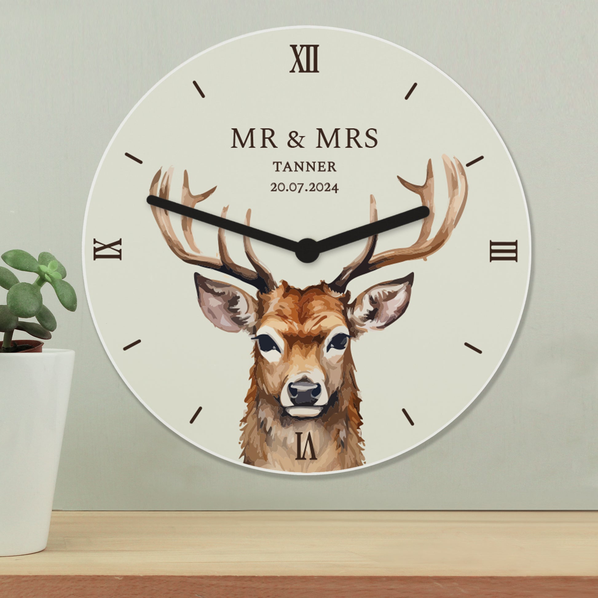Personalised Watercolour Stag Wooden Clock - MK&JD Gifts