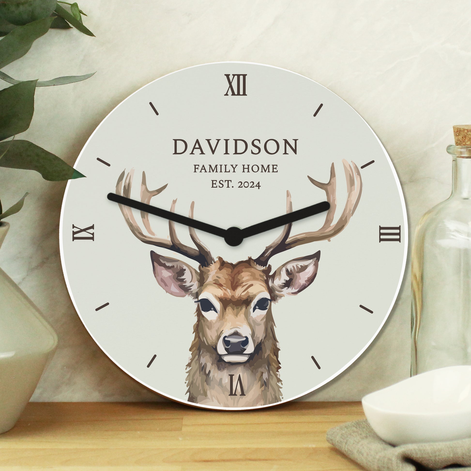 Personalised Watercolour Stag Wooden Clock - MK&JD Gifts