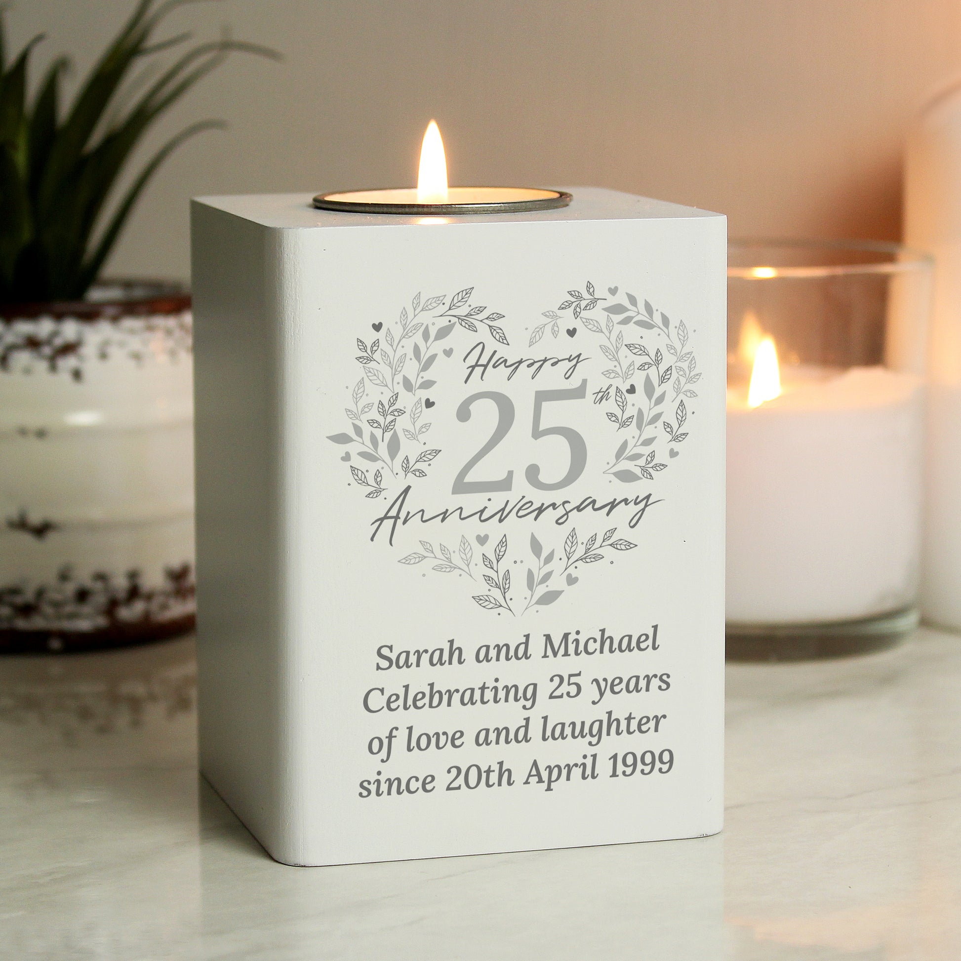 Personalised 25th Silver Wedding Anniversary Tea Light Holder - MK&JD Gifts