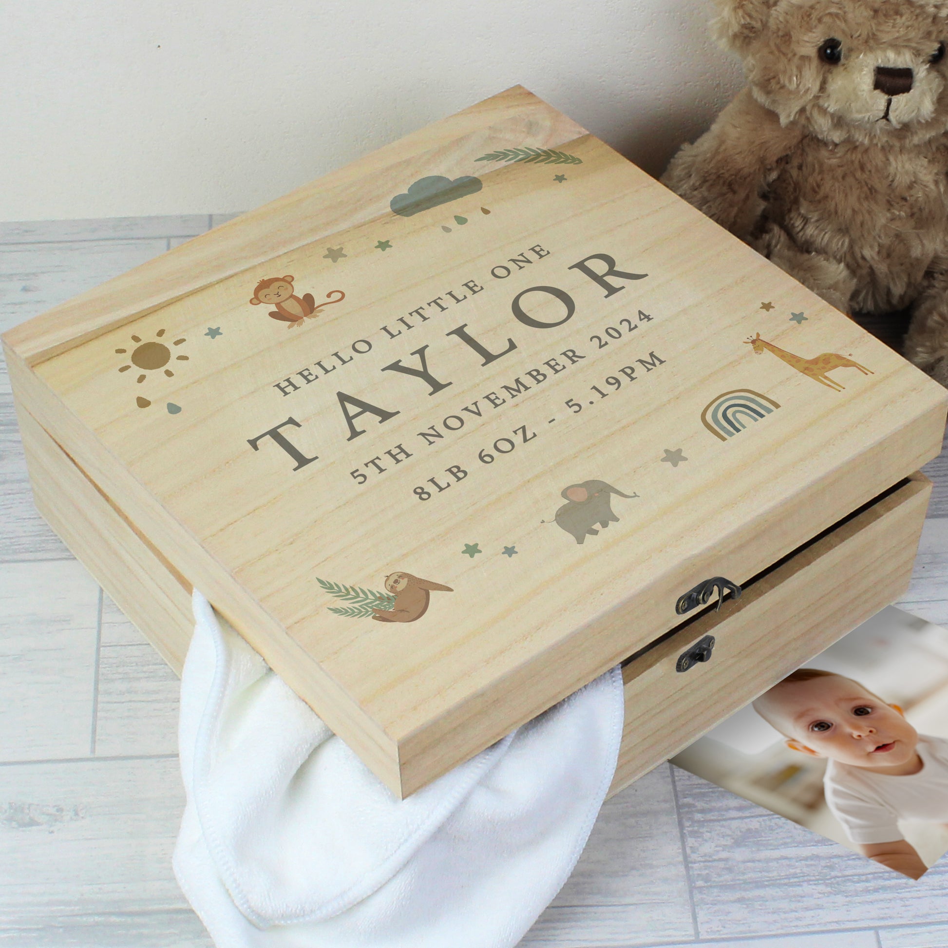 Personalised Safari Animals Large Wooden Keepsake Box - MK&JD Gifts