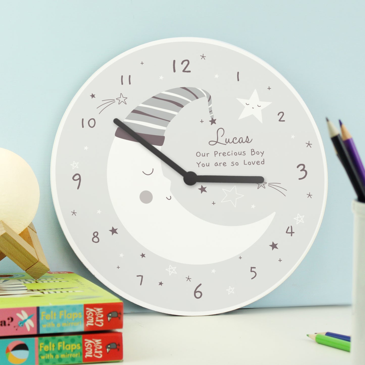 Personalised Moon Wooden Nursery Clock - MK&JD Gifts