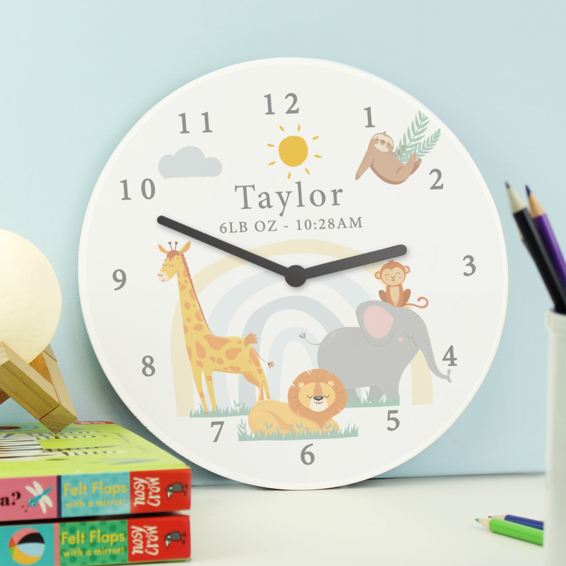 Personalised Safari Animals Wooden Nursery Clock - MK&JD Gifts