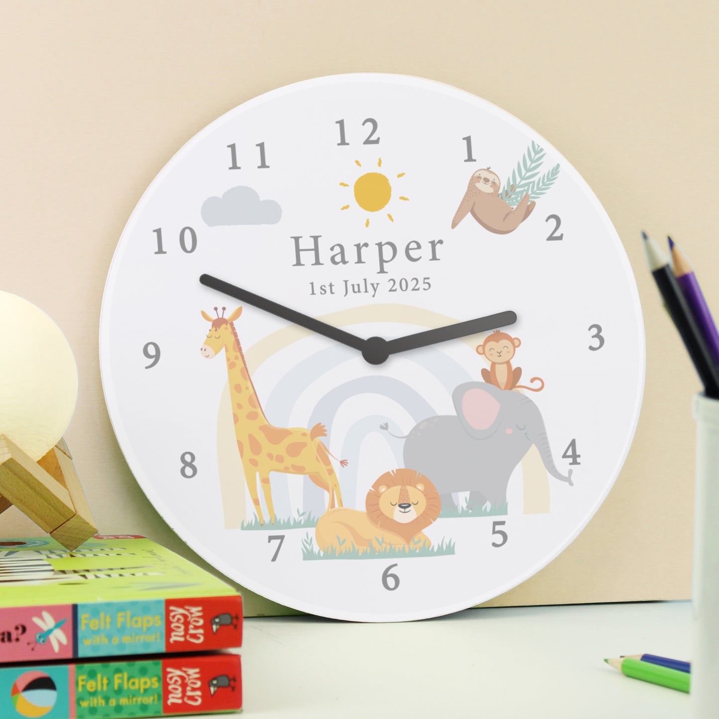 Personalised Safari Animals Wooden Nursery Clock - MK&JD Gifts