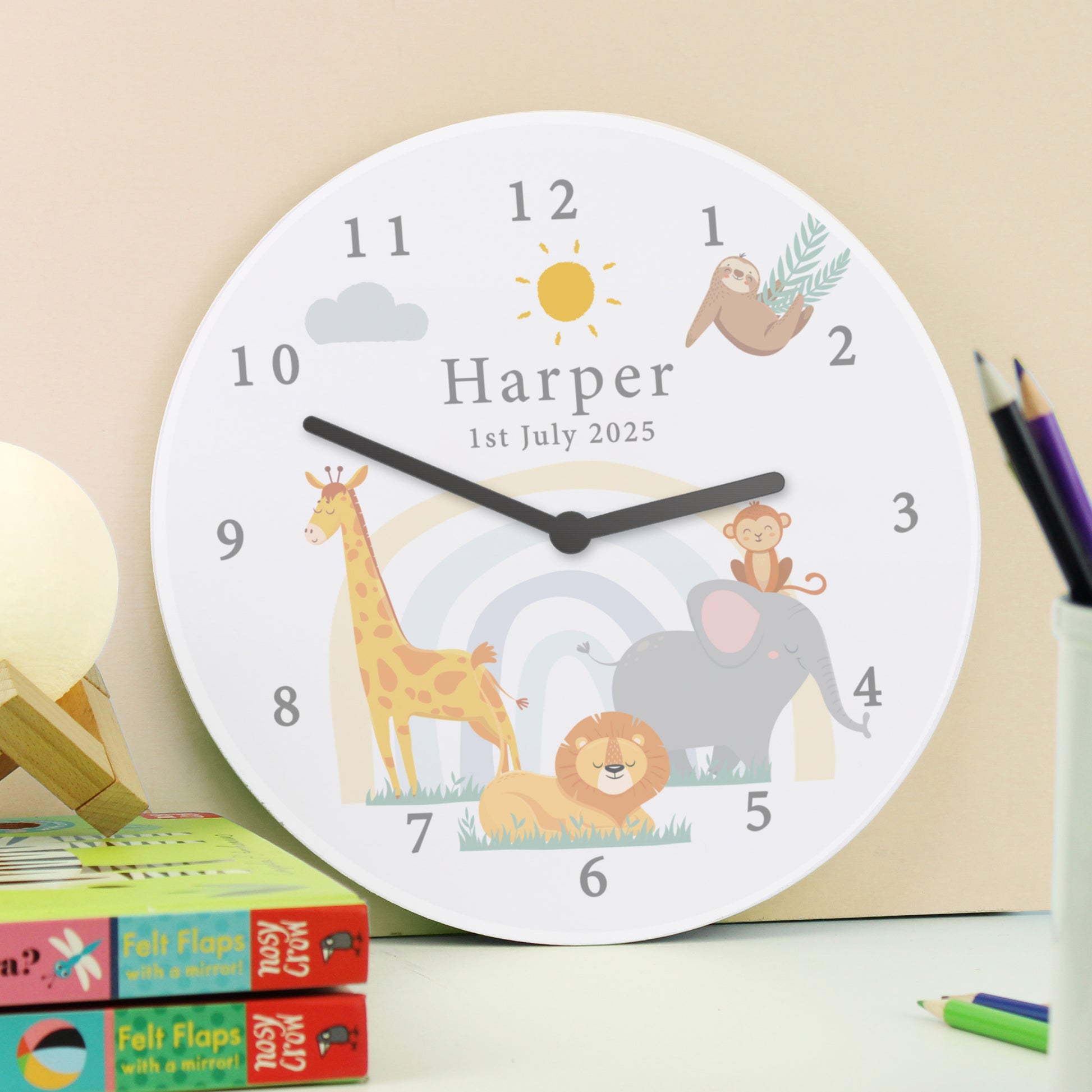 Personalised Safari Animals Wooden Nursery Clock - MK&JD Gifts